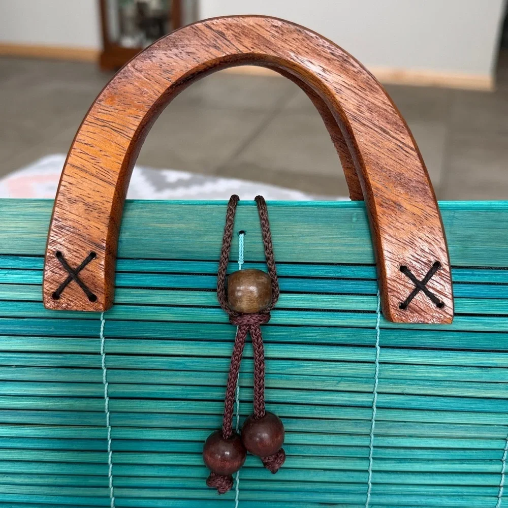 Teal Bamboo Clutch with Wooden Handle - Picture 2 of 13